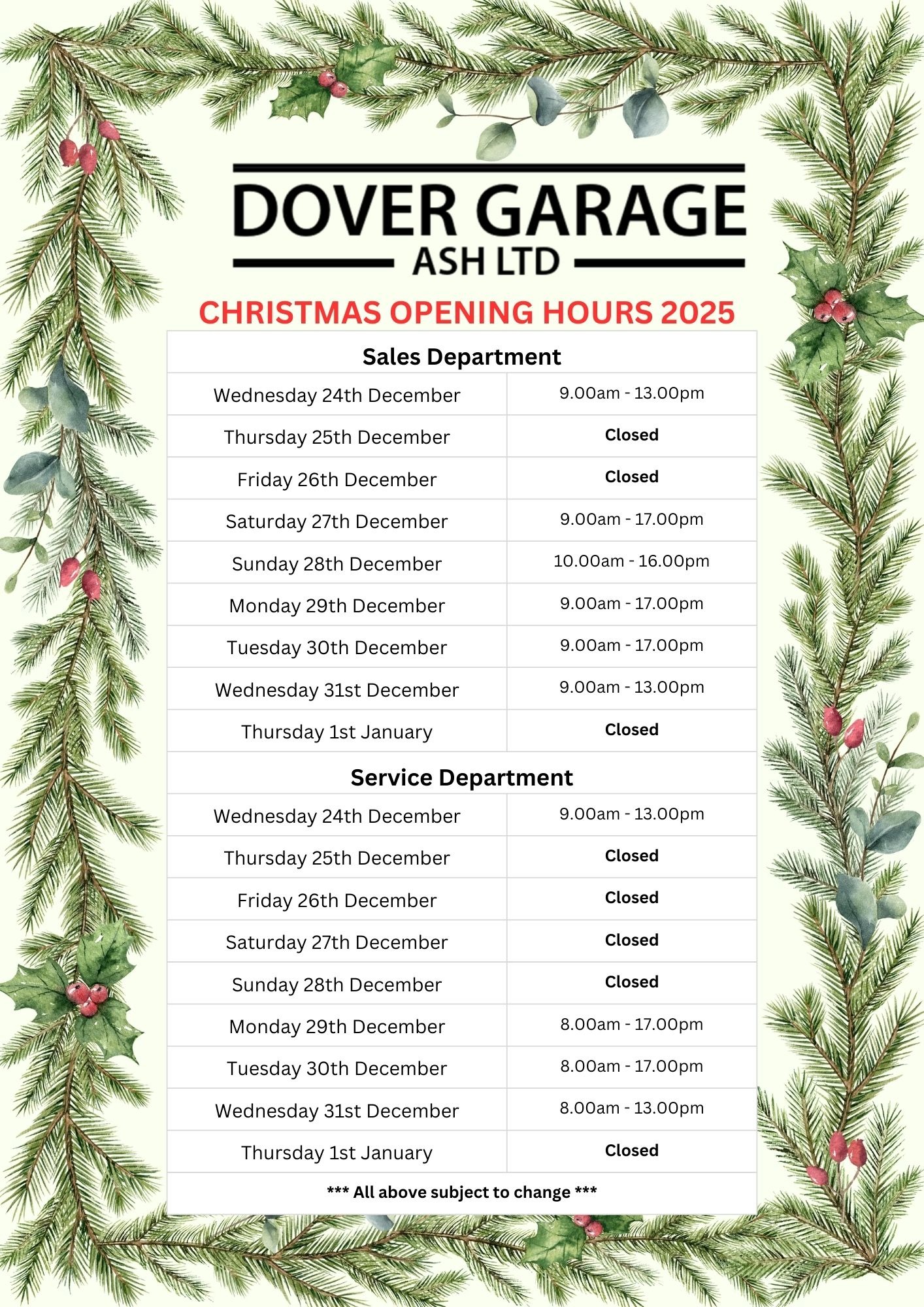 Christmas & New Year Opening Hours